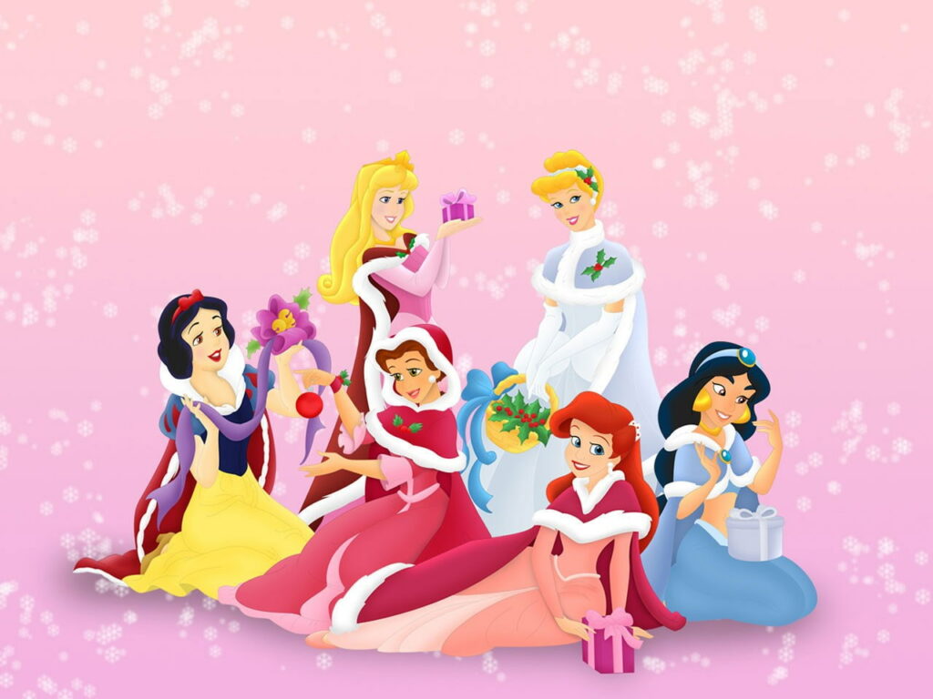 Disney Princesses Snow White Aurora Cinderella Belle Ariel Jasmine in cozy winter outfits wallpaper