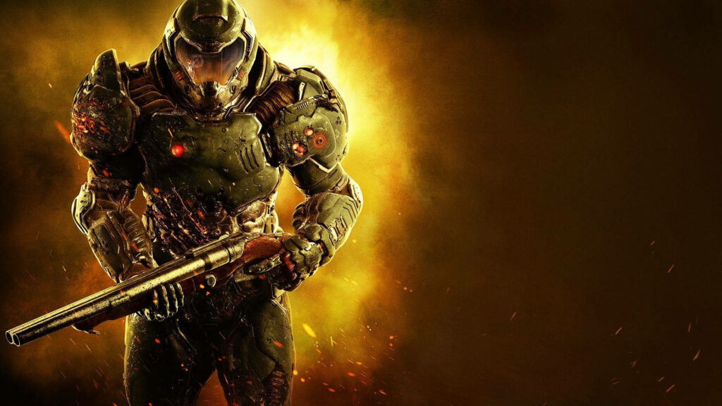 Doomed Warrior: Explosive Wallpaper Featuring Armored Man with Weapon