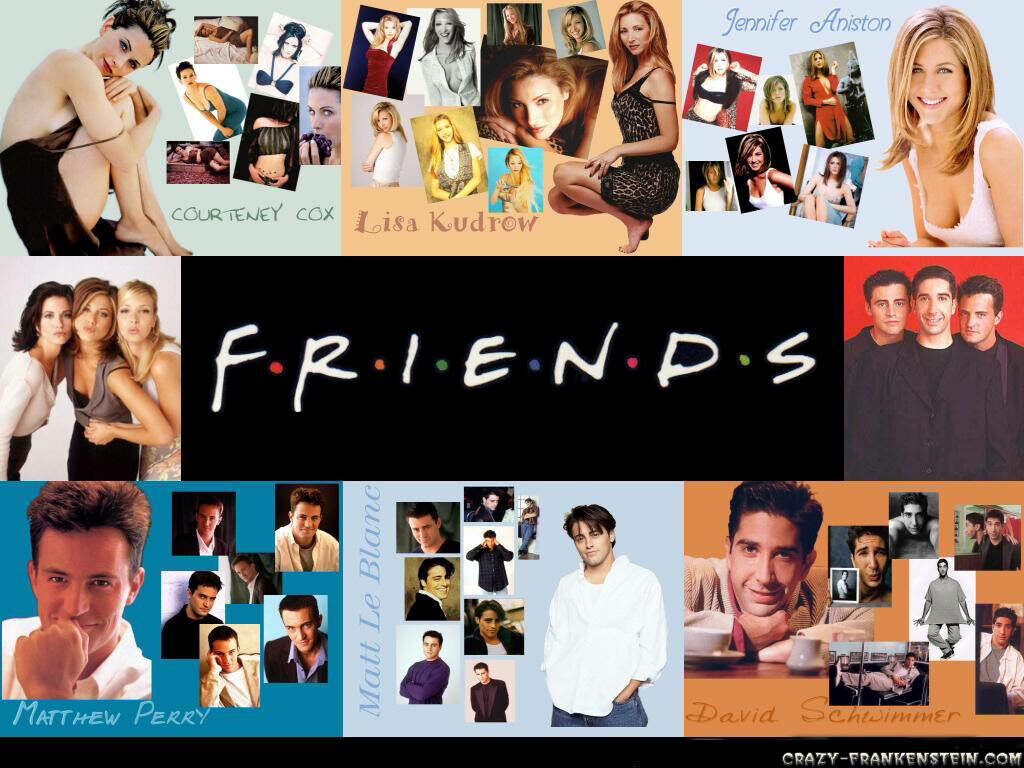 Friends sitcom wallpaper collage with iconic cast portraits and classic logo background