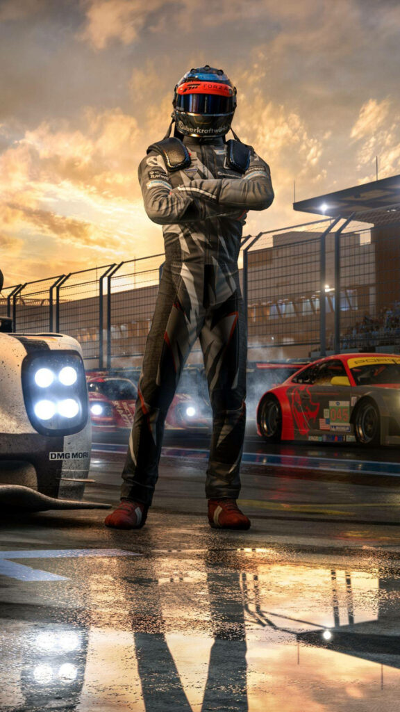 The Ultimate Impression: A Forza 7 Driver in Full Racing Gear Strikes a Pose Wallpaper