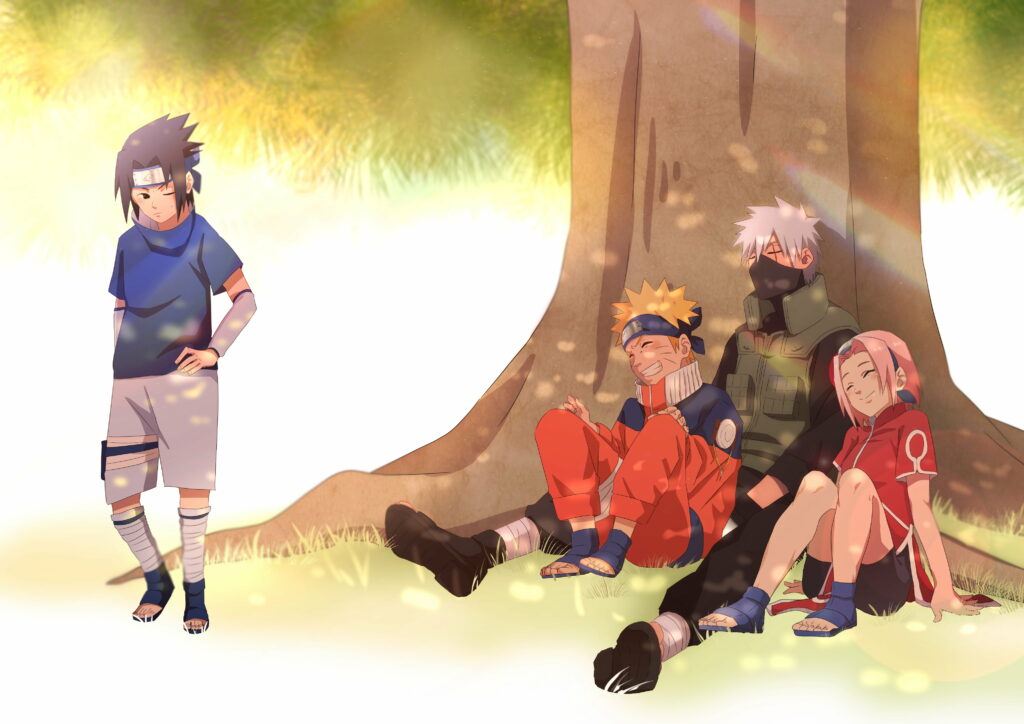 Team 7 Anime Wallpaper: Kakashi, Naruto, Sasuke, Sakura Under Tree