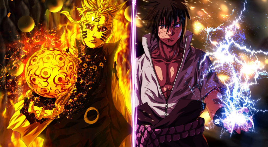 Naruto vs Sasuke: Epic Split Image with Rasengan and Chidori Clash Wallpaper