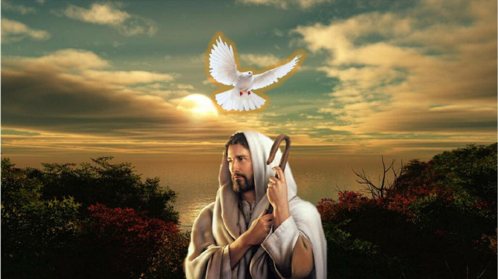 Guided by the Good Shepherd: Jesus with the Holy Spirit in Inspirational Wallpaper