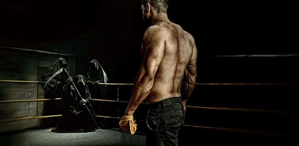 The Ultimate Showdown: Boxing Versus Death in Dramatic Symbolic Photography Wallpaper
