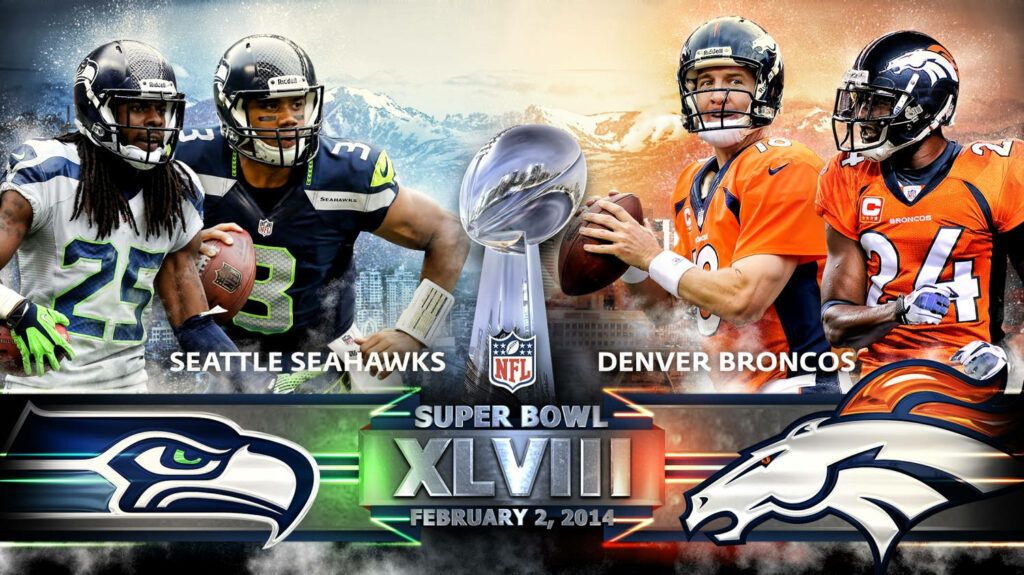 Gridiron Showdown: Seattle Seahawks vs. Denver Broncos - Super Bowl 48 Clash Captured in a Mesmerizing Football Wallpaper