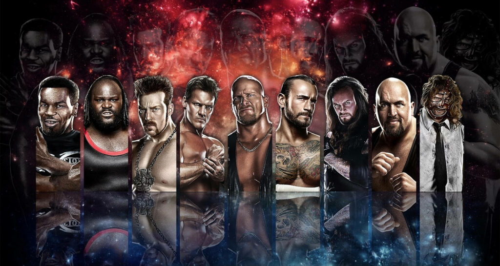 Galactic Powerhouses: WWE's Finest Wrestle Amongst the Stars! Wallpaper