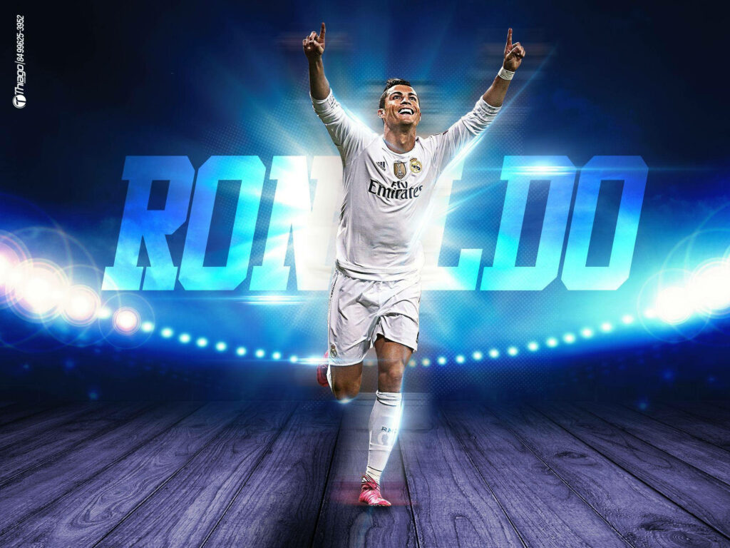 Victorious CR7: A Glowing Digital Portrait of Ronaldo Celebrating with Energized Blue Background Wallpaper