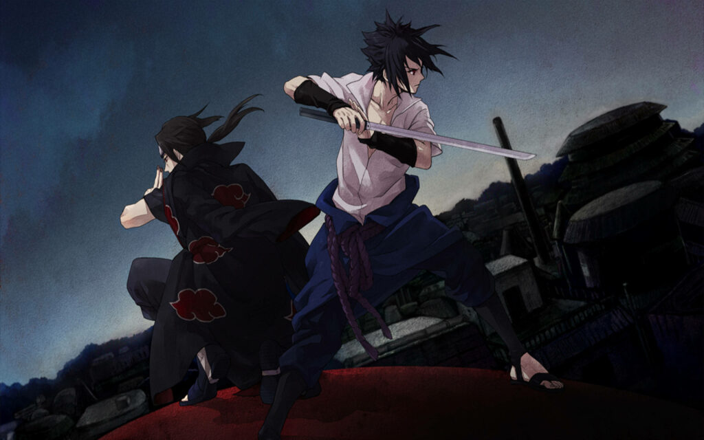 Unbreakable Bond: Uchiha Brothers Unite on Red Rooftop for Epic Battle Wallpaper