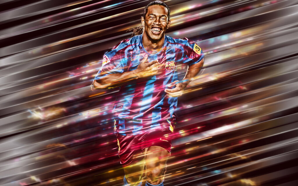The Master of Creative Artistry: Ronaldinho's Mesmerizing Blades Style on a Purple Canvas Wallpaper