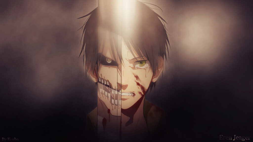 Intense Eren Yeager Portrait with Determined Expression and Blood Splatter Photo Wallpaper