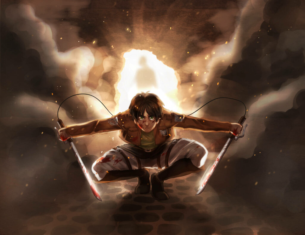 Intense Eren Yeager Attack on Titan Wallpaper - Swords Drawn Amid Explosive Light and Dust
