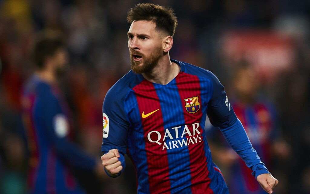 Leo Messi's Record-Breaking Goal: A Spectacular 2018 Moment for FC Barcelona in La Liga Wallpaper