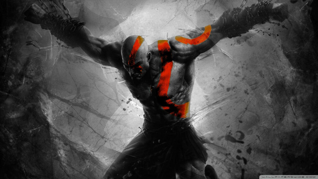Kratos God of War Wallpaper: Powerful Spartan Warrior Stance in Gritty, Dramatic Image