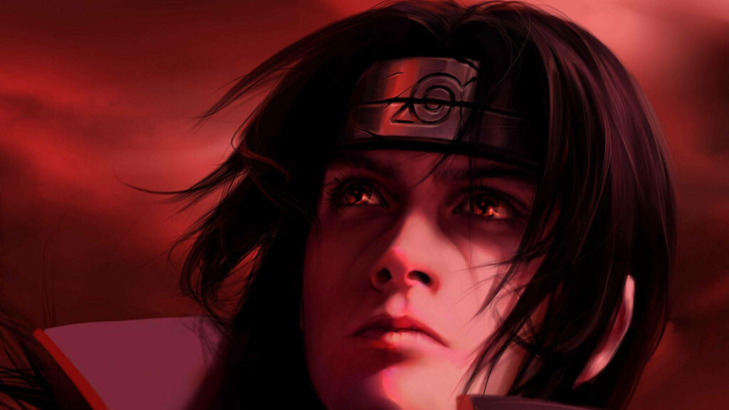Itachi Uchiha close-up digital art with glowing Sharingan eyes and Konoha headband red sky background Wallpaper