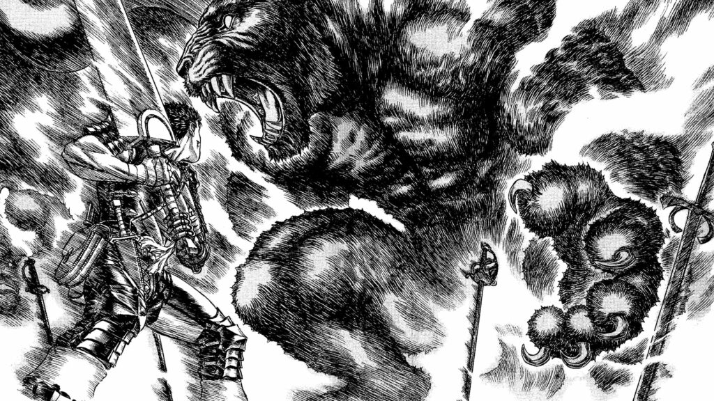 The Dark Knight Unleashed: Guts, the Fierce Warrior, in Monochrome Fury - Anime Berserk HD Wallpaper