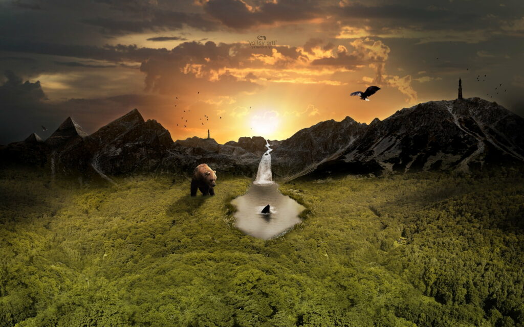 The Vallery's Majestic HD Wallpaper: Immersive Graphics - Nature, Sunset, Mountains, Bear, Waterfall, Birds, Eagle