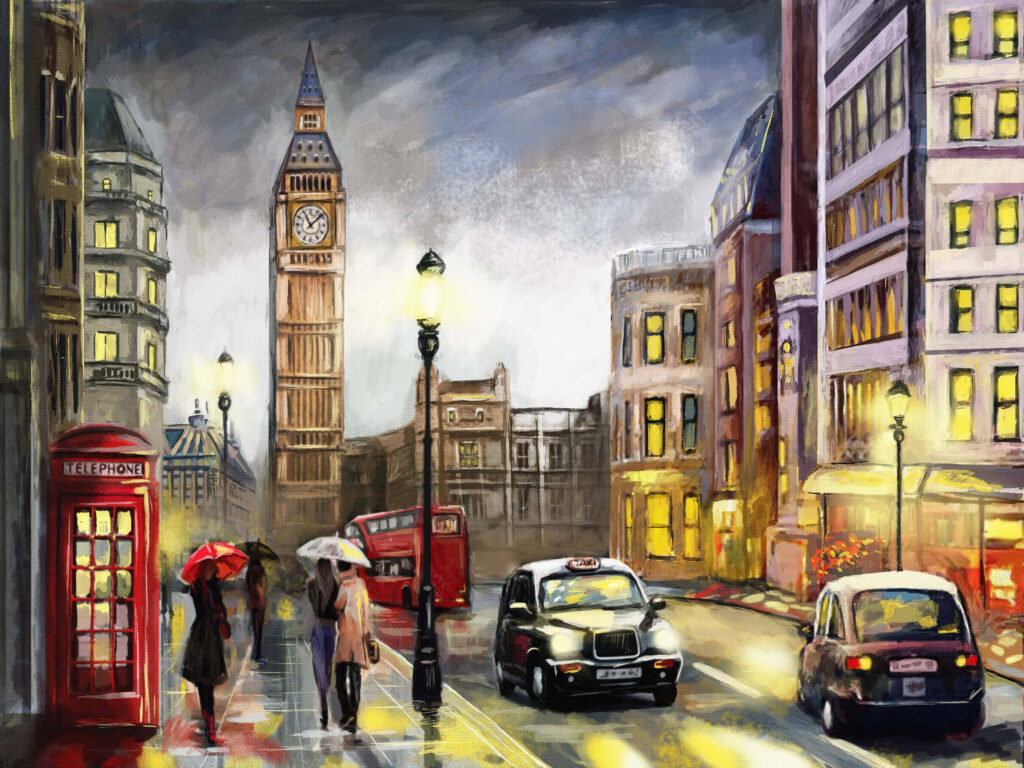 Urban Symphony: A Majestic Cityscape in Oil Wallpaper