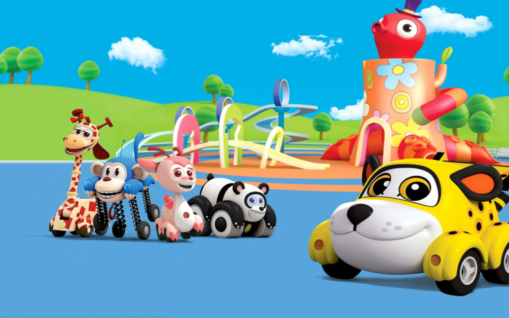 Vroomies: A Playful Gang of Adorable Cartoon Animal-Cars Wallpaper