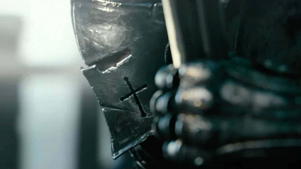 Intricately Detailed Warden Knight Helmet Wallpaper with Moody Atmosphere