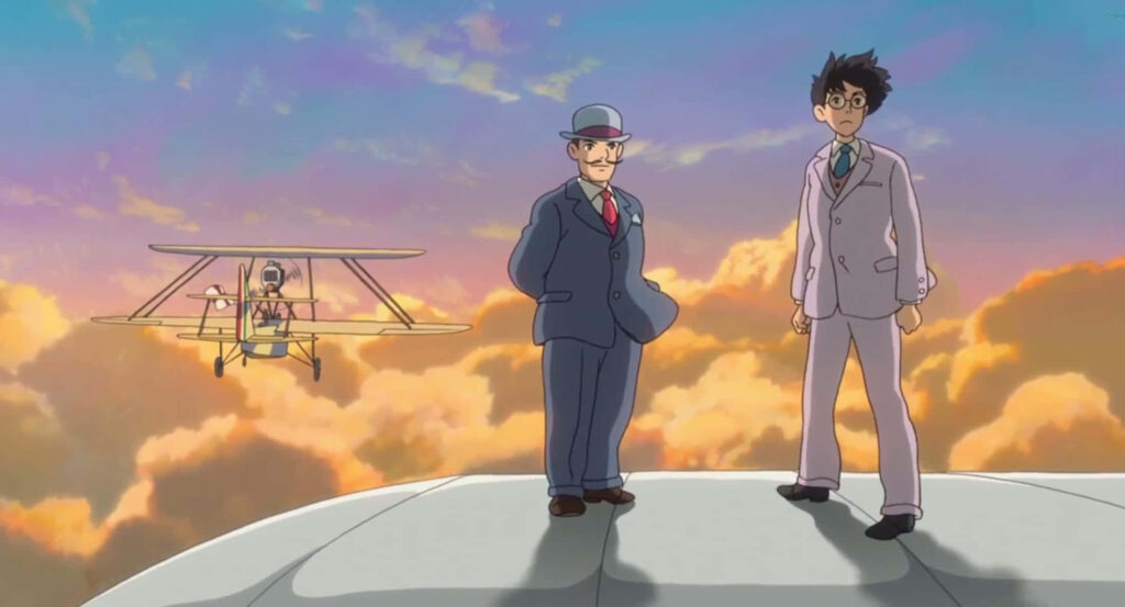 Wind Rises Wallpaper: Iconic Characters Against a Vivid Sky Backdrop