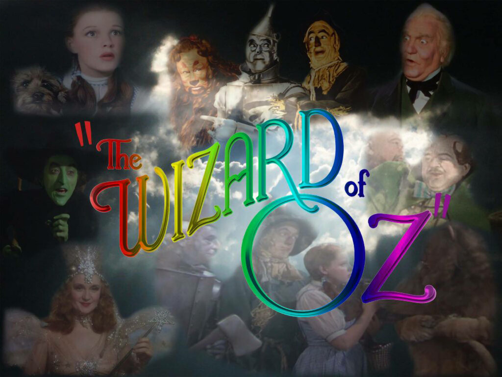The Wizard of Oz wallpaper with classic characters vibrant rainbow text whimsical magical scene