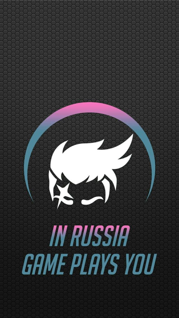 TheRussianBadger logo on dark hex grid with pink blue arc and In Russia Game Plays You text wallpaper