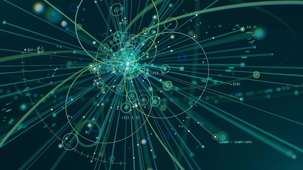 Futuristic digital wallpaper with glowing green particles and Riemann zeta function equations on teal