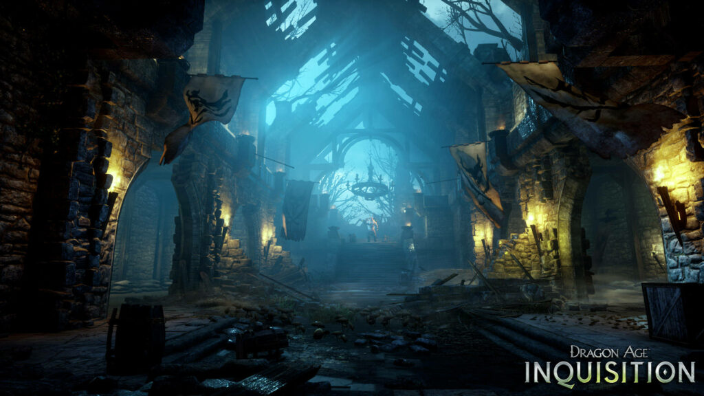 Dragon Age: Inquisition Gothic Scene in Dilapidated Structure - Atmospheric and Mystical Fantasy Setting with Eerie Lighting for Wallpaper