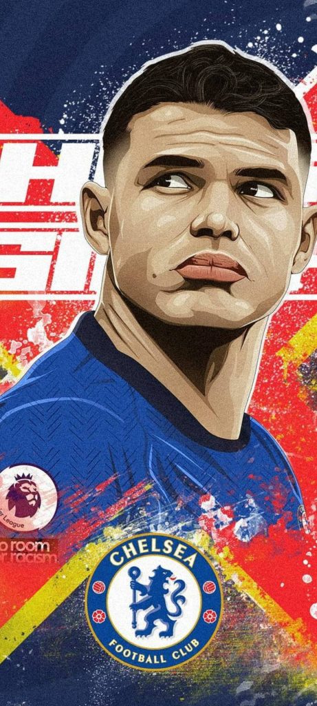 Thiago Silva digital portrait in blue Chelsea jersey with red yellow splatter and Premier League logos Wallpaper