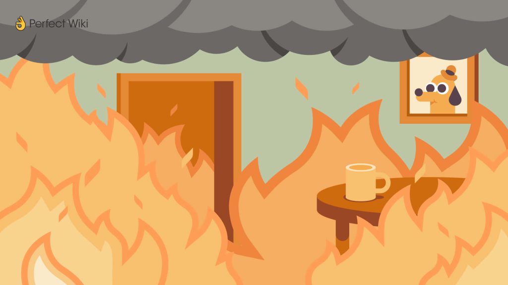 Cartoon room on fire with coffee mug and this is fine dog print ideal Zoom meeting wallpaper