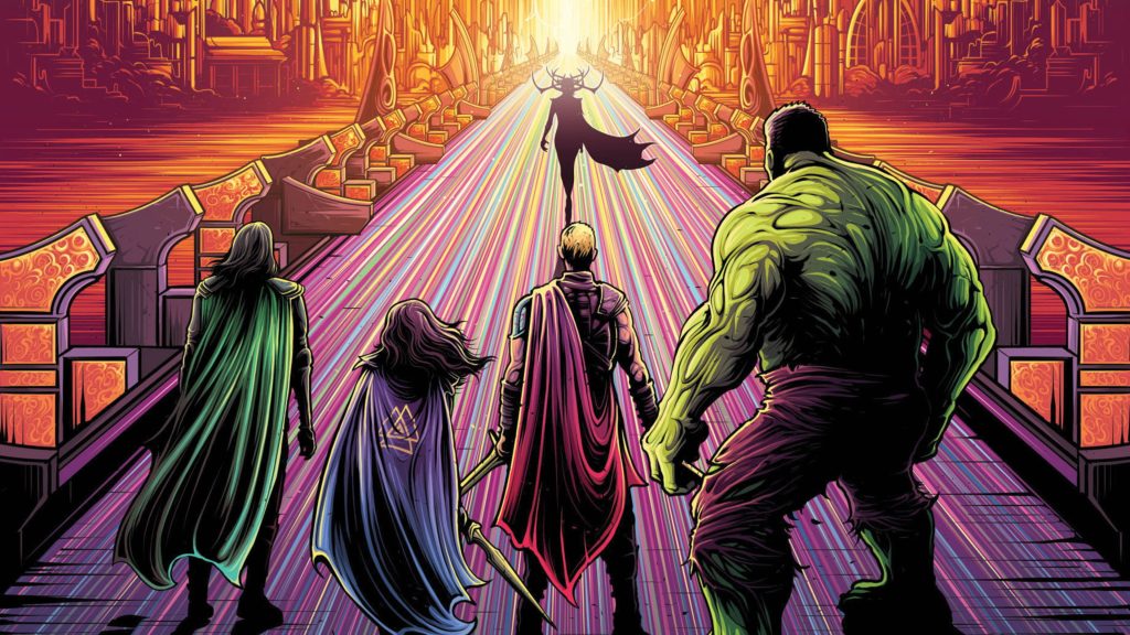 Thor Hulk Loki Valkyrie face Hela on glowing Asgard Bifrost bridge vibrant comic wallpaper