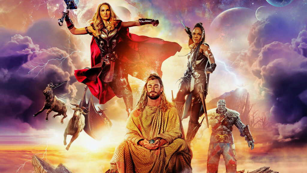 Thor Love and Thunder main cast on vibrant cosmic background with lightning and mythical goats Wallpaper