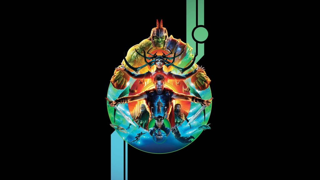 Thor Ragnarok movie poster with Thor Hela Hulk Loki Valkyrie neon blue green orange cosmic art Wallpaper
