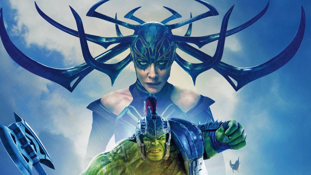 Thor Ragnarok wallpaper featuring armored Gladiator Hulk with axe and Hela in horned headdress