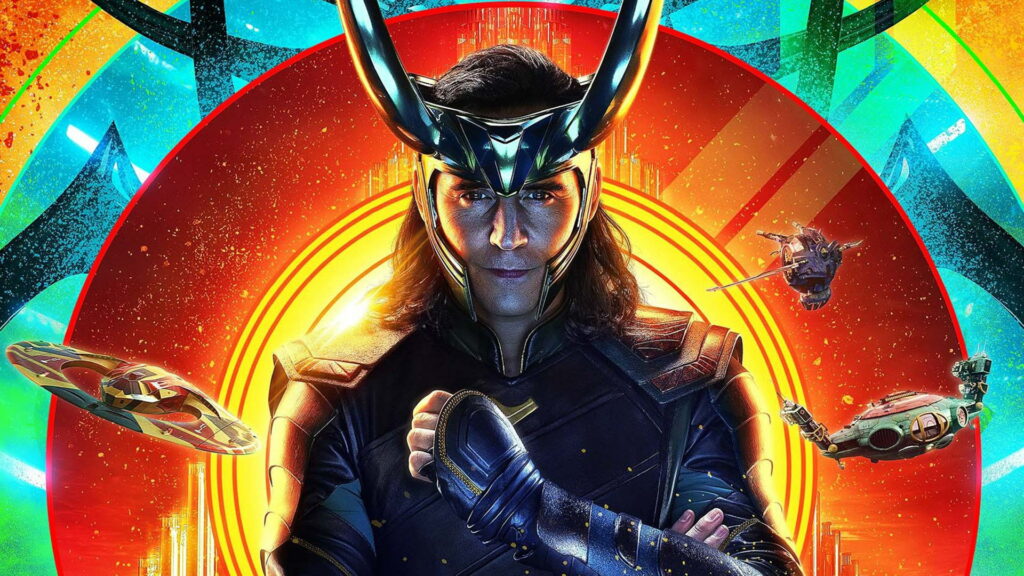 Tom Hiddleston as Loki in horned helmet with vibrant retro-futuristic cosmic Thor Ragnarok background Wallpaper