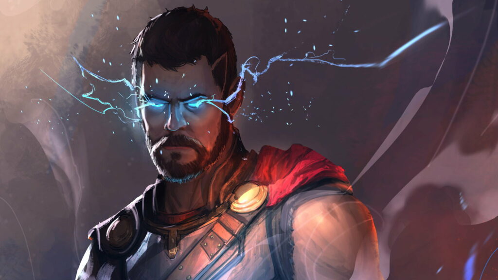 The Mighty Assemblage: Marvel's Thor Unleashes his Power among Avengers in Epic Digital Artwork - QHD Wallpaper Masterpiece!