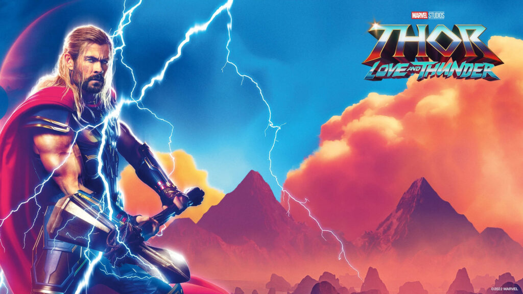 Thor wields enchanted hammer with lightning in vibrant Thor Love and Thunder movie poster background Wallpaper
