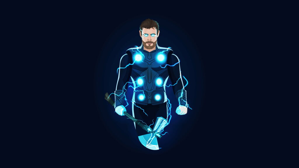 Minimalist digital art of Chris Hemsworth as Thor with Stormbreaker glowing eyes and blue lightning Wallpaper