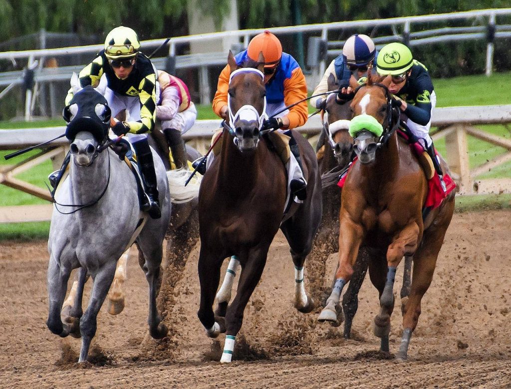 Thoroughbred horse racing action with jockeys in colorful silks speeding on dirt track wallpaper