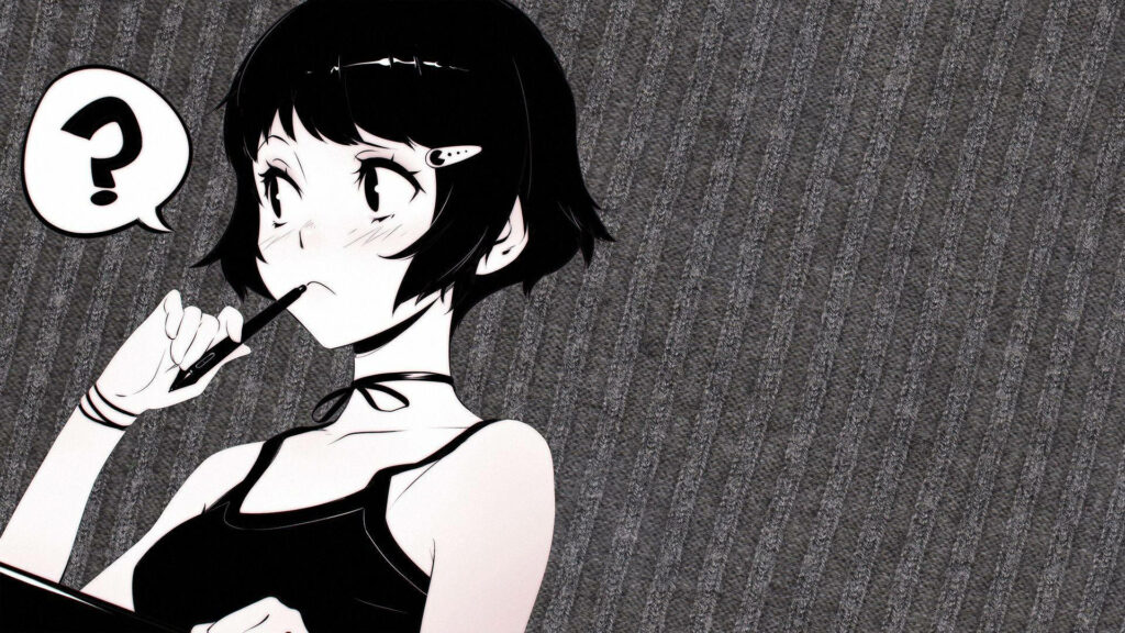 Thoughtful Anime Character in Black and White Minimalist Wallpaper