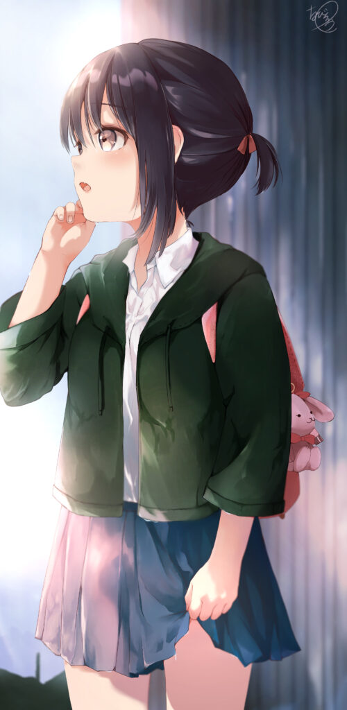 Anime Girl Wallpaper: Thoughtful Expression & Plush Toy Backpack