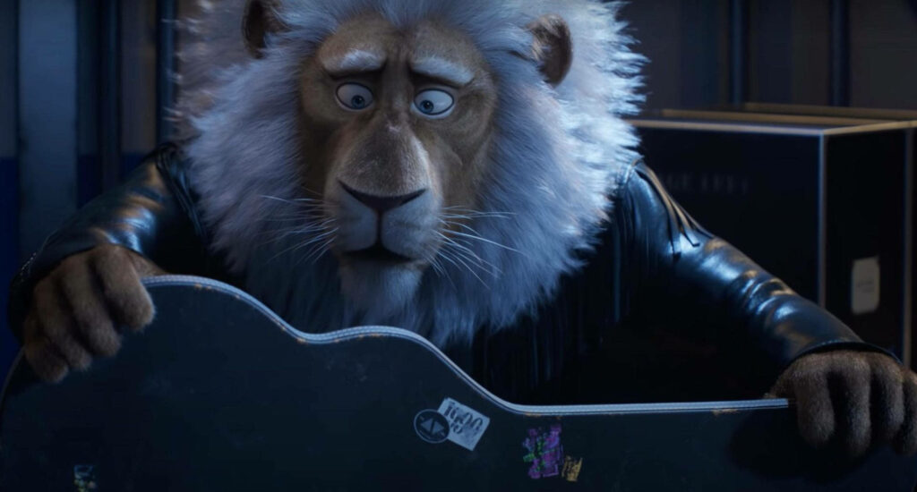 Reflective Lion Character from Sing 2 with Guitar Case Wallpaper
