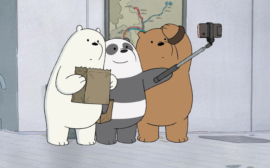 The We Bare Bears Trio: Pan-pan Takes a Selfie with Ice Bear and Grizzly amidst a Charming Background Wallpaper