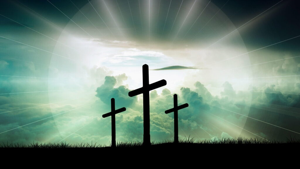 Divine Radiance: Majestic Lightning Sky and Three Crosses Grace the 4K Wallpaper