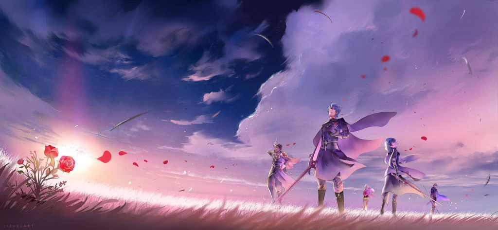 Fire Emblem Three Houses wallpaper Male Byleth and House Leaders in rose field at sunset