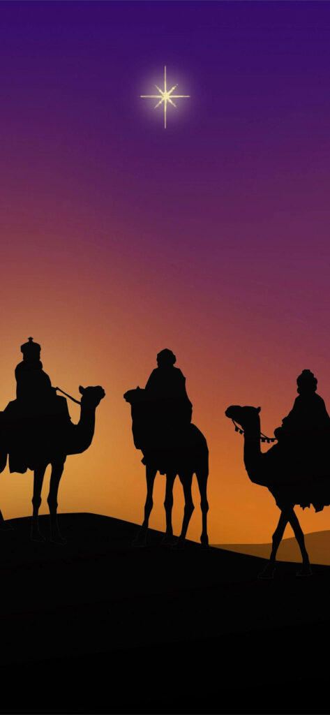 Three kings riding camels across desert dunes at sunset following a bright guiding star wallpaper