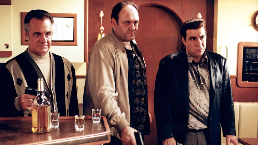 Intense Bar Scene: Three Men & Liquor Inspired by The Sopranos Wallpaper