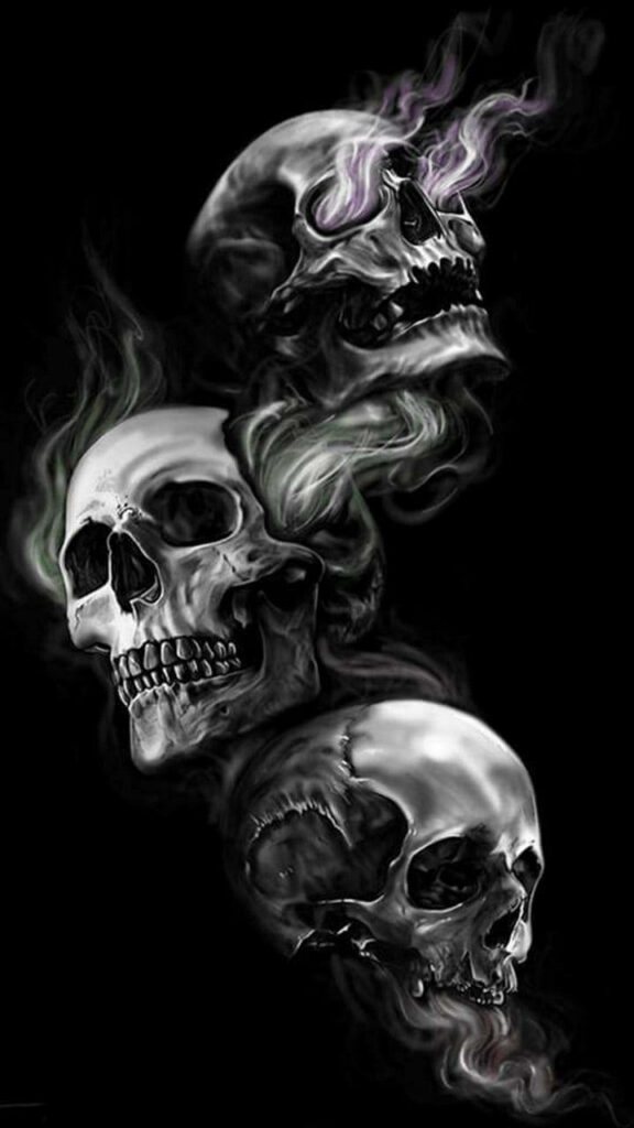 Three Skulls with Colorful Smoke - Mysterious Dark Wallpaper