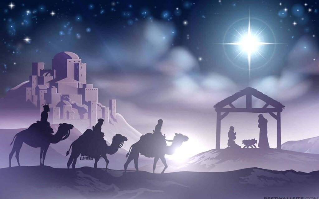 Three Wise Men Camels Wallpaper: Starry Night Nativity Scene
