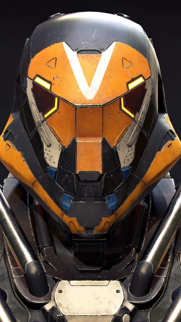 Close-up of ThreeZero Ranger Javelin in orange black armor with mechanical details from Anthem Wallpaper